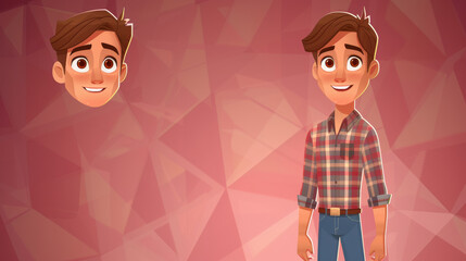 Wall Mural - A cartoon boy with a plaid shirt and jeans is smiling