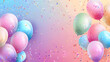 Beautiful multi-colored balloons on a simple pastel background decorated with lots of colored paper scraps.