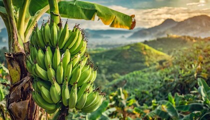 green bananas growing on trees. green tropical banana fruits close-up on banana plantation