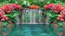 A Waterfall With A Lush Green Background And Red Flowers
