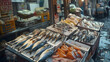 Fish market in Japan, with various types of fresh fish offered for sale