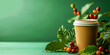 On a green natural background, a paper cup with strong and fragrant coffee closed with a white lid on a background of coffee leaves and beans, a place for text, copy space, banner