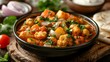 Spicy Indian cauliflower and potato curry with tomatoes onions and roti. Concept Indian Cuisine, Vegetarian Recipes, Spicy Curry, Potatoes, Cauliflower