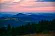 Wasserkuppe - panoramic view from the Radom observatory on the Wasserkuppe in the Hessian Rhön in summer towards Fulda in the sunset, Hessen, Germany	

