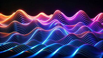 Poster - Vibrant neon lines flow in a wavy pattern, creating a dynamic sense of movement. The colours transition smoothly from blues to purples and reds against a dark background.AI generated.