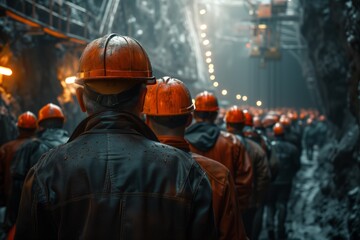 Crowd of workers in orange helmets queue line in a coal mine, stuck accident, problems extreme evacuation exit to the elevator, difficult situation after the explosion