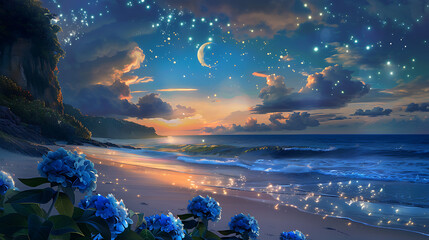 where the cosmos playfully merges with the earthly, stars sprinkling magic over hydrangea blooms, the ocean mirroring a sky alive with astral wonder.