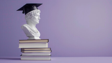 Wall Mural - On a stack of books stands sideways a white bust of a philosopher wearing a university graduate's cap - a black square academic cap with a black tassel. Purple background with copy space.