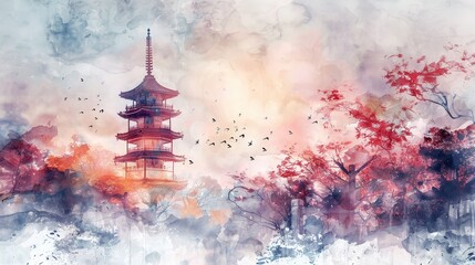 Wall Mural - A pagoda in watercolor style on an light abstract paint background