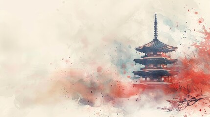 Wall Mural - A pagoda in watercolor style on an light abstract paint background