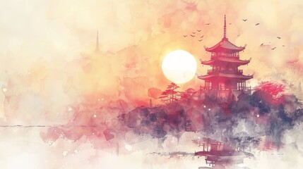 a pagoda in watercolor style on an light abstract paint background