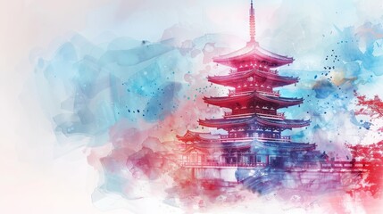 Wall Mural - A pagoda in watercolor style on an light abstract paint background