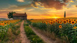 Sunset Embrace
A wooden house nestles amid a sea of sunflowers basking in the golden light of a setting sun, creating a path that beckons one into the warmth of a rural idyll.