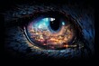 Create a surreal scene of a futuristic cityscape reflected in the eye of a stalking feline, using glitch art to depict the fusion of advanced technology and primal instincts in a visually stunning way