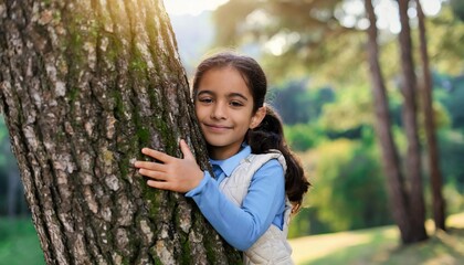 Child hugging a tree in the outdoor forest. Concept of battling a global problem of carbon dioxide and global warming