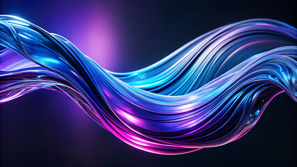Poster - Flowing,wavy form with a metallic sheen undulates against a dark background,illuminated by hints of purple and blue light.It conjures an impression of sleek,futuristic design or high-tech material.AI