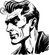Man portrait in hand drawing or engraving style. 60s styled beautiful comic book character, black and white