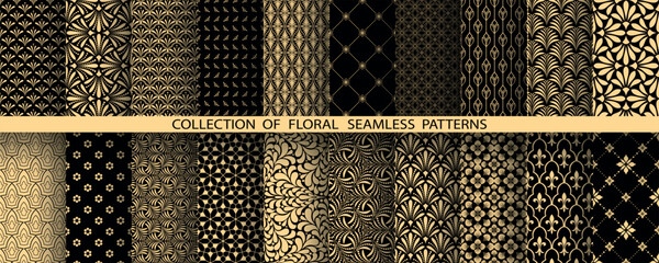 Wall Mural - Geometric floral set of seamless patterns. Golden and black vector backgrounds. Damask graphic ornaments