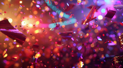 Wall Mural - close-up of colorful confetti and streamers in a disco in dim but warm and colorful light