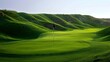 Solitary Flag in Vast Minimalist Golf Course Landscape. Concept Minimalist Landscape, Solitary Flag, Vastness, Golf Course, Solitude