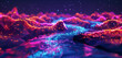 A river of neon light flowing through a low poly landscape, representing the continuous stream of information