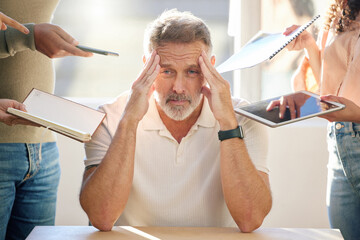 Canvas Print - Businessman, portrait and headache with documents for time management, anxiety or stress in chaos or workload. Frustrated, tired or mature man in burnout, pressure or deadline at busy workplace