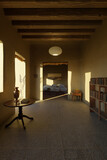 Fototapeta Góry - clay house with old interior furniture in the sunny evening light. 3D Rendering