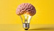 © Marko - An abstract concept of a brain in a light bulb standing on display, isolated on a yellow background. New creative idea