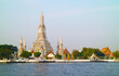 Impressive View of The Temple of Dawn or Wat Arun, the Iconic Landmark of Bangkok on Chao Phraya River Bank, Thailand