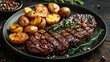 Grilled Beef Steaks and Potatoes on Black Plates Generative AI