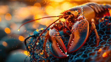 Wall Mural - Macro close-up, isolated shot of orange alive lobster on a fishing boat with lobster pot net