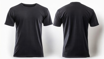 Black t shirt front and back view, isolated on white background. Ready for your mock up design template