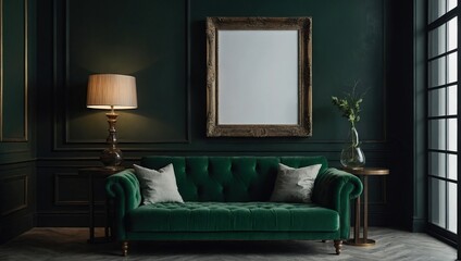 Wall Mural - Blank frame mockup in dark interior room with green furniture