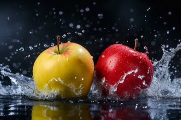 Two apples of different origins splashing in water