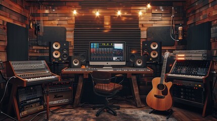 Empty wooden music recording studio with guitar and music equipment. AI generated image