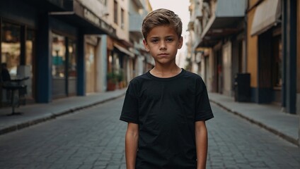 Wall Mural - Boy wearing  blank black t-shirt  for mockup