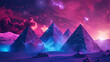 Glowing low poly pyramids under a neon sky, representing the ancient future of networked civilizations