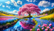  A Majestic Pink Tree Reigns Over A Vibrant Landscape, With Petals Dancing On A Breeze Above A River Reflecting The Kaleidoscope Of Colors. The Radiant Backdrop Of The Azure Sky Cradles Fluffy Clouds