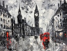 An Oil Painting On Canvas Portraying A Street View Of London, Focusing On The Iconic Landmark, Big Ben, Along With Other Elements Characteristic Of The Cityscape. 