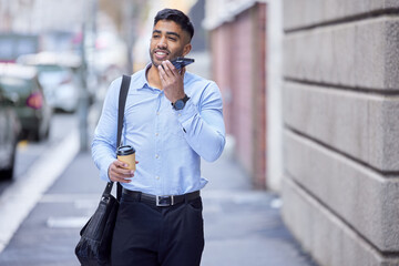 Poster - Happy, businessman and phone call on coffee break in city and chat to client on walk to office. Crypto, investor or trader talk on cellphone speaker with financial info, update and thinking of stocks