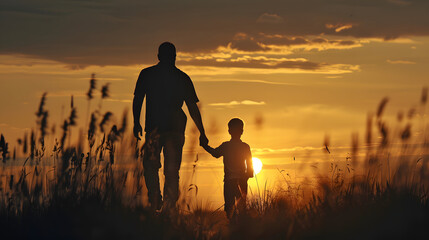 father and son holding hands with beautiful scenery while traveling, happy father's day