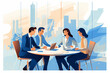 Business graphic vector modern style illustration of business people in a workplace environment meeting to collaborate discuss pitch present project results financial accounts outline agreement