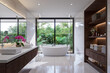 Modern white bathroom with clear glass partition separating dry and wet areas 3d render, granite tile floor and walls, white terrazzo, wooden cabinets, large windows with views of the green garden.