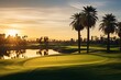 golf course at beautiful sunset with palm trees and sand dunes