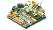 3D Icon featuring Rural Resilience: A sustainable agricultural landscape with zero waste and community energy projects in a rural setting.