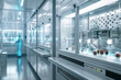 An image of a sleek, modern virology lab, with samples of viruses being studied in biosafety cabinets, complete with advanced containment systems.