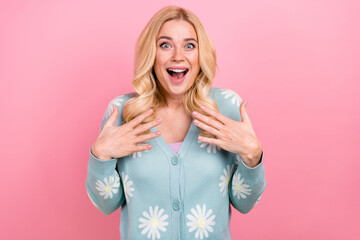 Sticker - Portrait of ecstatic person with curly hairstyle wear blue cardigan astonished staring open mouth isolated on pink color background