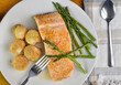 seasoned baked salmon  with asparagus and scallops