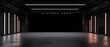 © scaliger - Black futuristic stage background, dark studio room and lines of white light, wide banner. Concept of show, scene, garage, panorama, modern interior, showroom