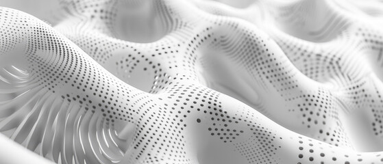 Wall Mural - white perforated futuristic structure, abstract digital waves of ai mind, data texture background. c